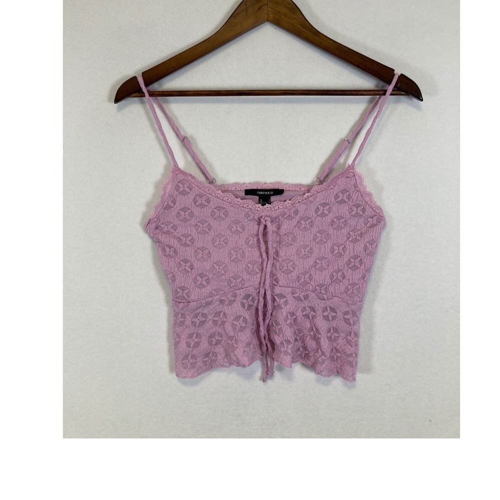 Forever 21 Lace Camisole Top Womens Small Pink Lavender Floral Tie Front Peplum